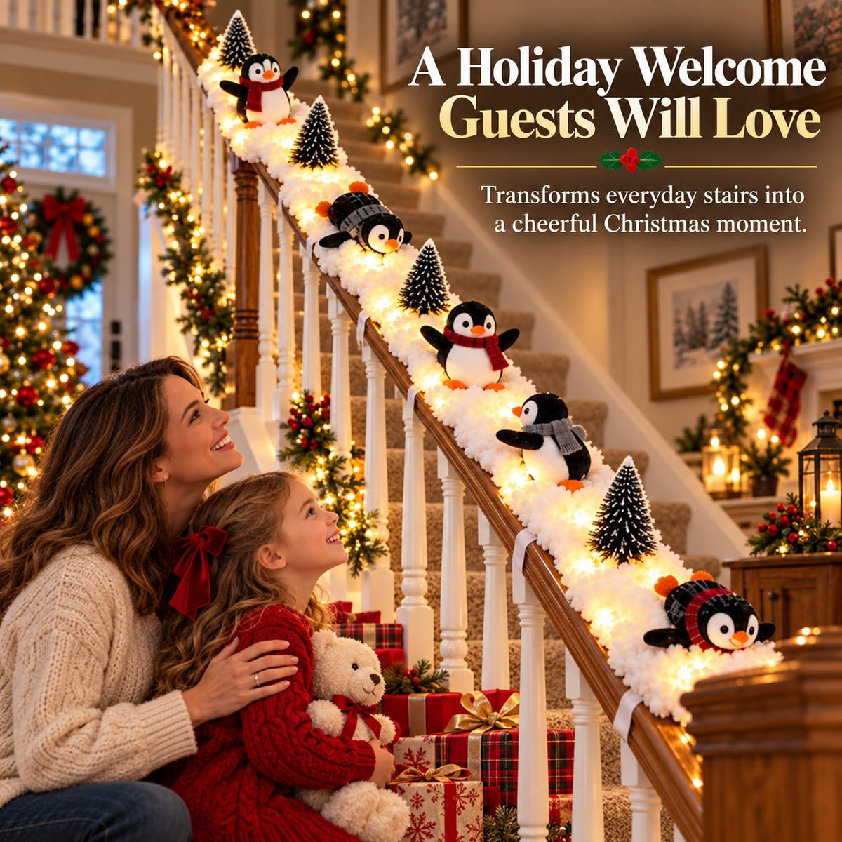 Playful Penguin Snowy Stair Railing Decor