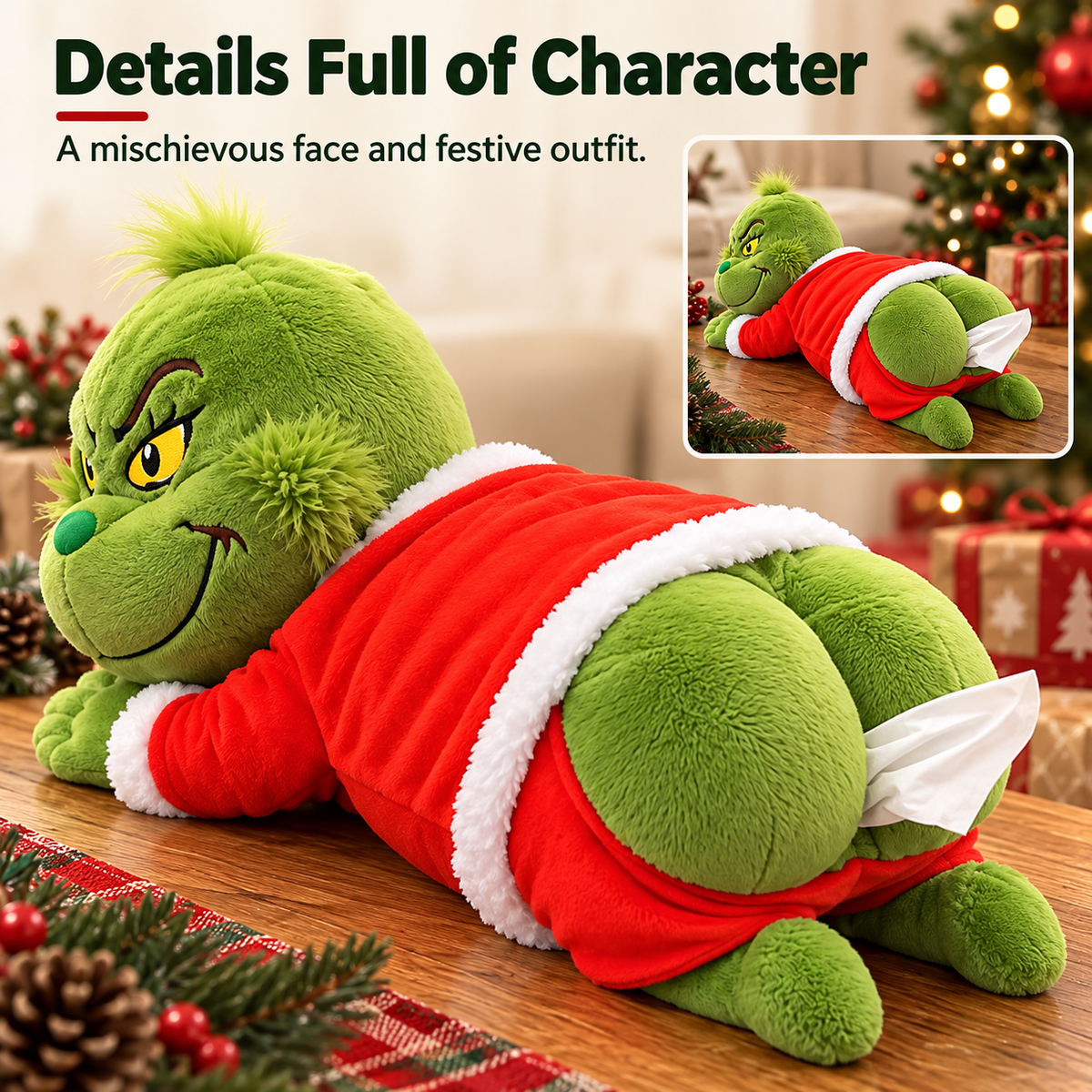 🎄 Grinch Plush Tissue Box Cover | Funny Christmas Grinch Tissue Holder, Festive Home Decor & Novelty Holiday Gift