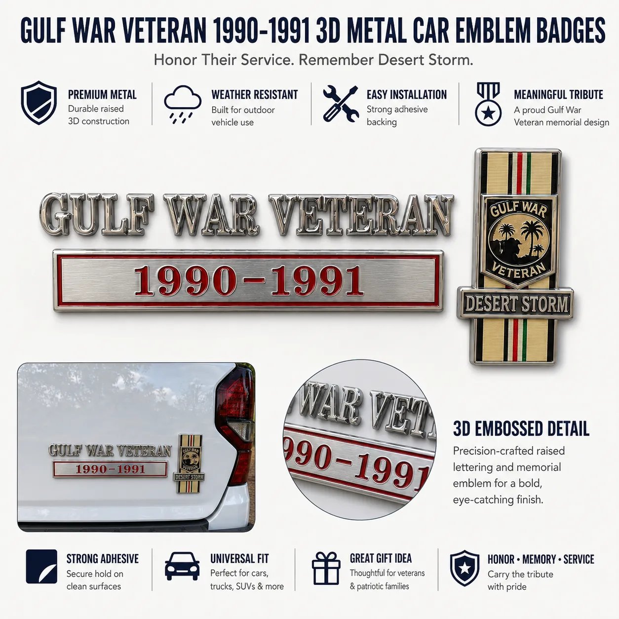 🇺🇸 Gulf War Veteran 1990–1991 Desert Storm Car Emblem Metal Badge