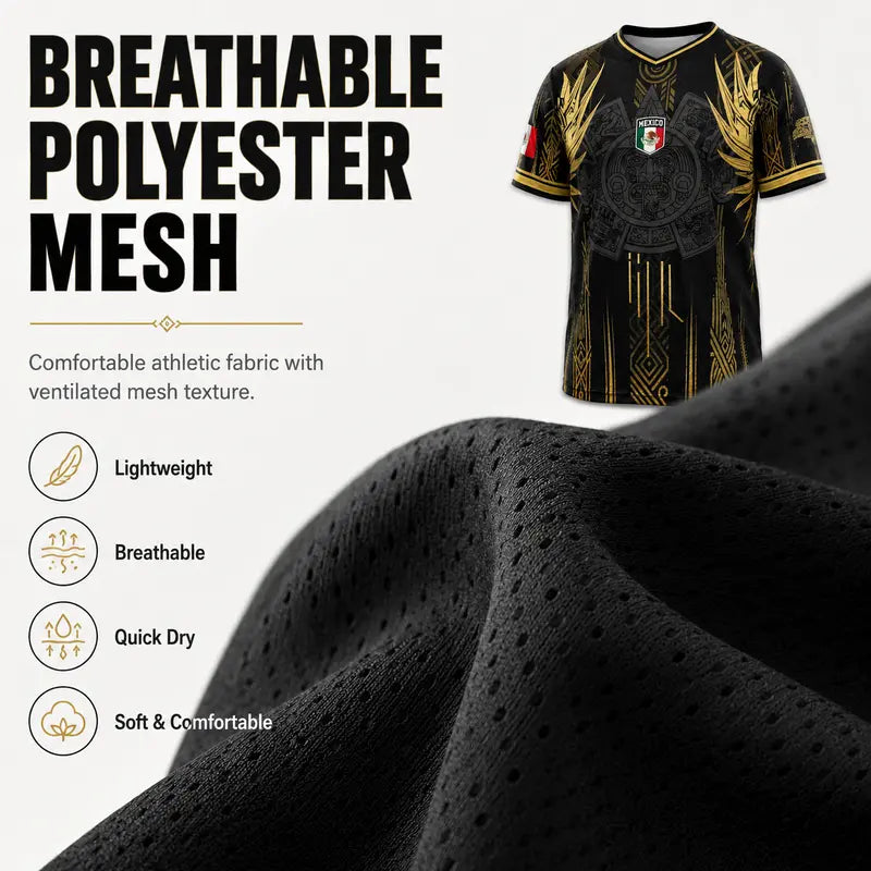 ✨Mexico Aztec Gold Soccer Jersey – Breathable Mesh Fan Shirt for Sports & Daily Wear