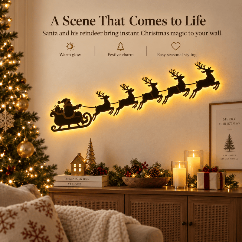 LED Christmas Santa Sleigh Wall Art, Illuminated Reindeer Silhouette Metal Sign, Warm Backlit Holiday Wall Decor