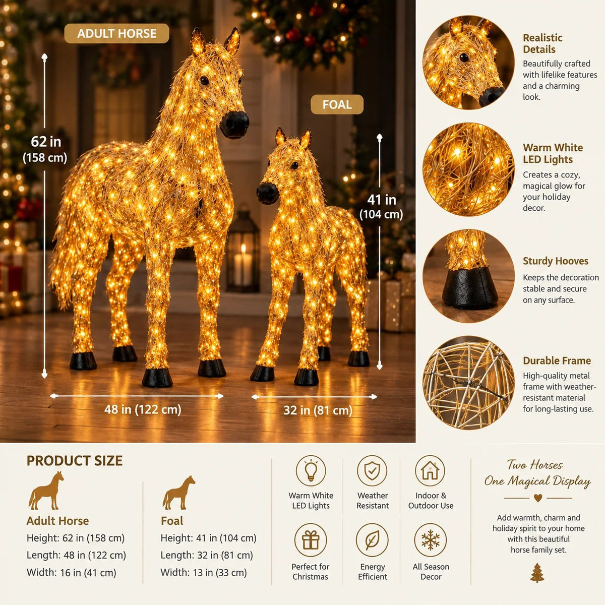 Doppeltes beleuchtetes Pferde-Weihnachtsset.