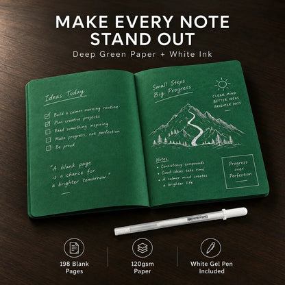 Deep Green Blank Notebook with White Gel Pen | Aesthetic Writing & Sketch Journal