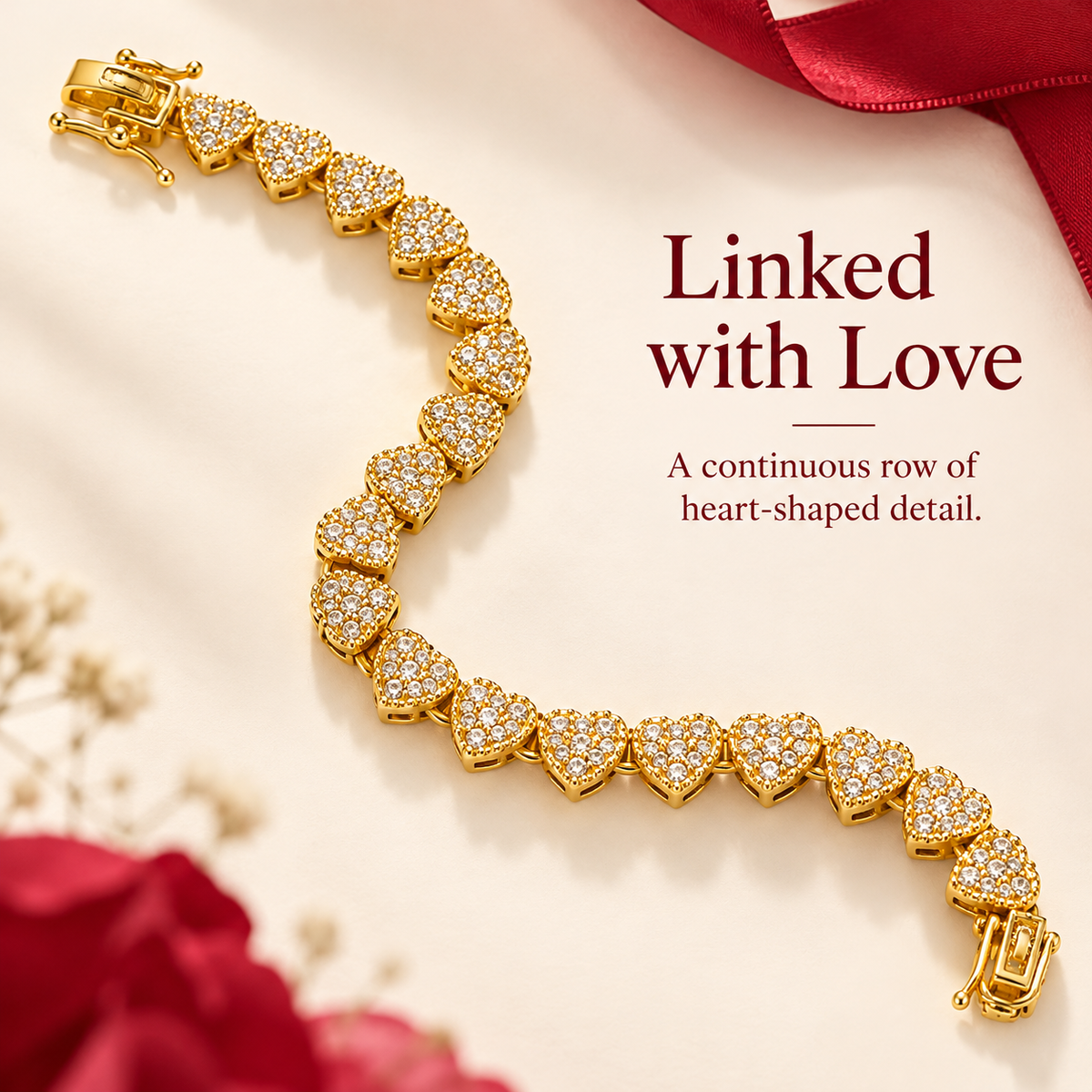 Gold-tone heart bracelet arranged on cream fabric with a burgundy ribbon for a romantic gift presentation