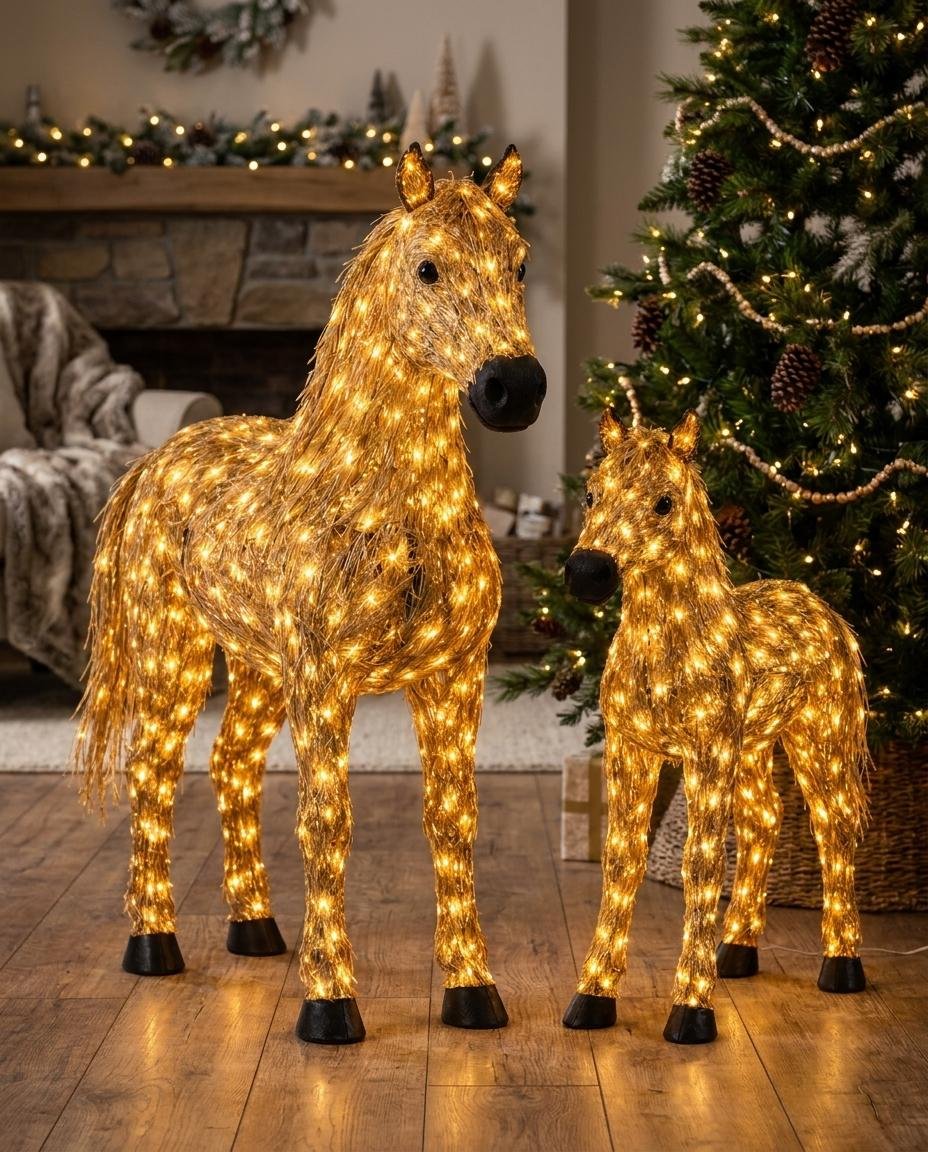 Doppeltes beleuchtetes Pferde-Weihnachtsset.