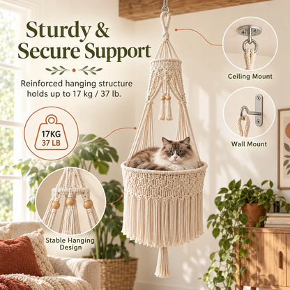 Handmade Cotton Rope Hanging Cat Hammock & Artistic Swing Nest Boho Suspended Cat Bed for Window, Wall & Home Decor