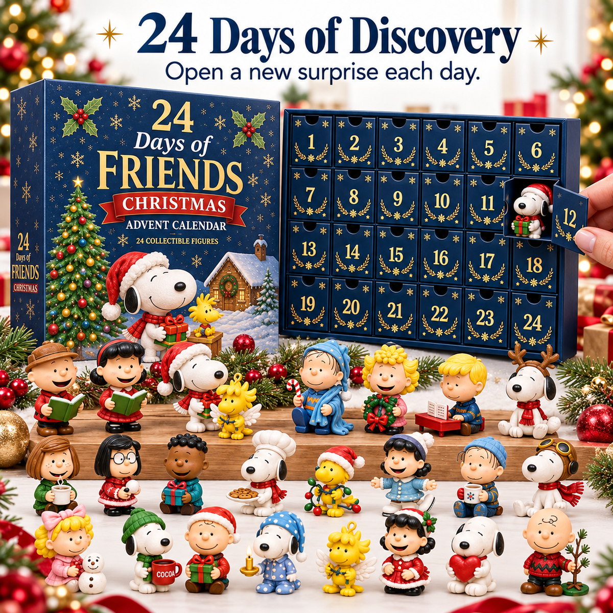 Christmas advent calendar with 24 numbered doors and a collection of mini character figures