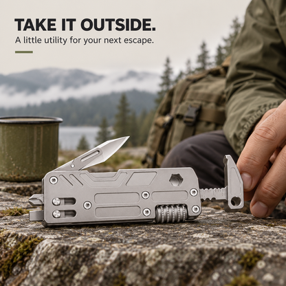 Portable titanium multi-tool set up for an outdoor trip