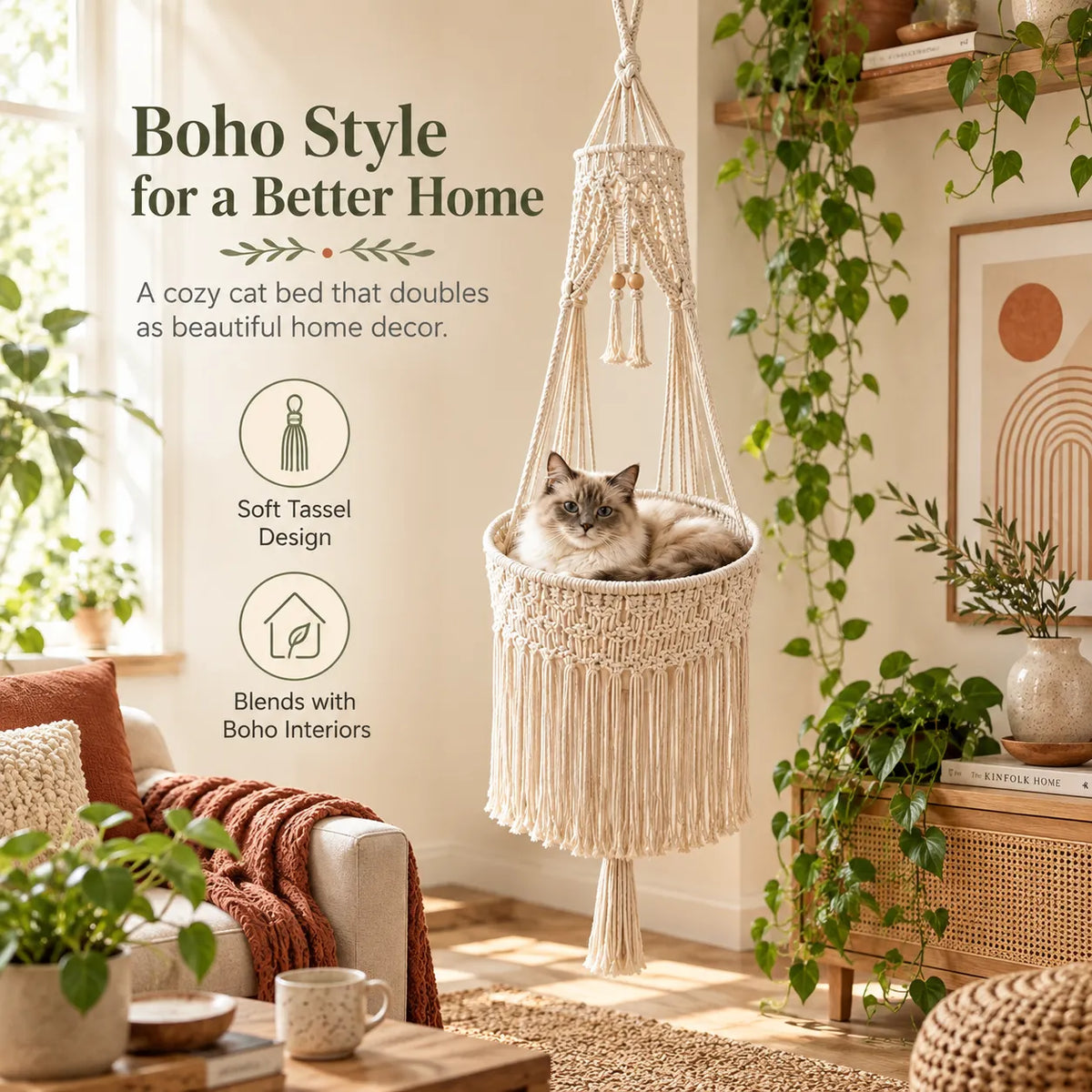 Handmade Cotton Rope Hanging Cat Hammock & Artistic Swing Nest Boho Suspended Cat Bed for Window, Wall & Home Decor