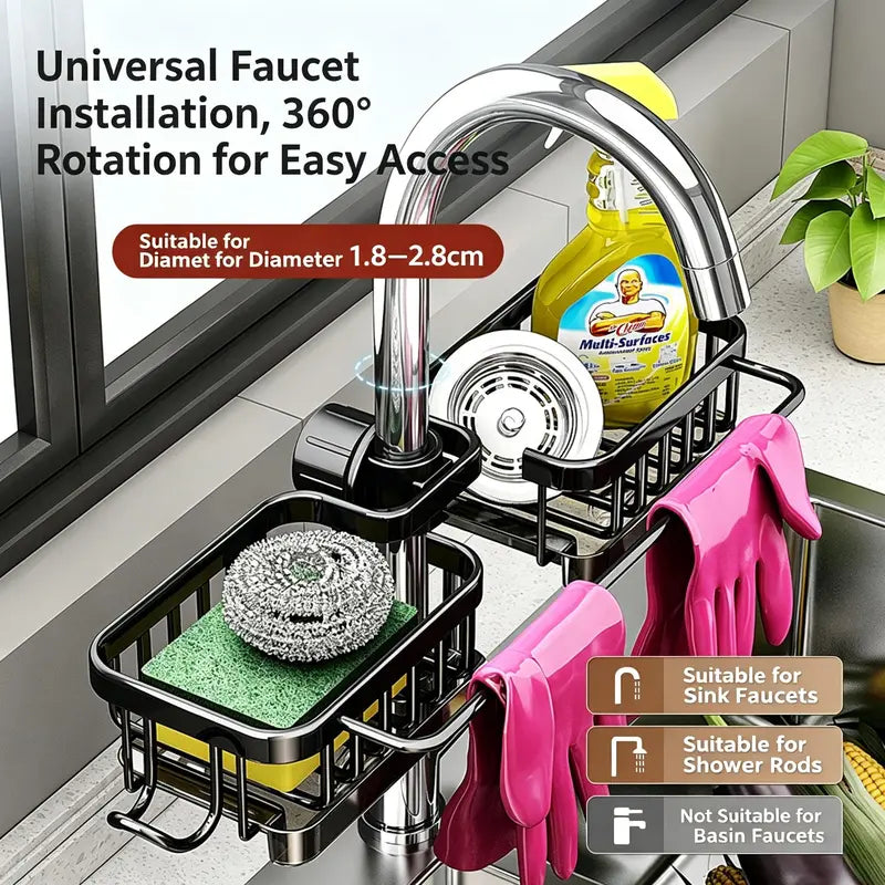 🚰 Stainless Steel Over-Faucet Sink Organizer – Space-Saving Sponge & Soap Holder with Drain Tray ✨