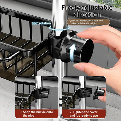 🚰 Stainless Steel Over-Faucet Sink Organizer – Space-Saving Sponge & Soap Holder with Drain Tray ✨