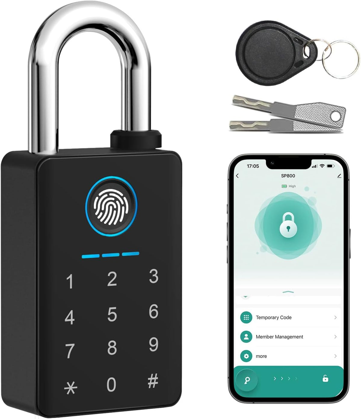 Heavy Duty Fingerprint Padlock with Key, Smart Gate Lock with Keypad