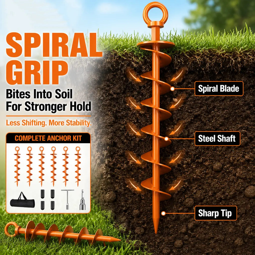 Heavy Duty Spiral Blade Ground Anchor Kit, 4-Pack 15-Inch Solid Steel Stakes for Tents, Carport, Garden Sheds, Multi-Purpose Full Spiral Blade Design, Easy Installation, High Load Bearing, Deep Soil Grip, Anti-Loosen
