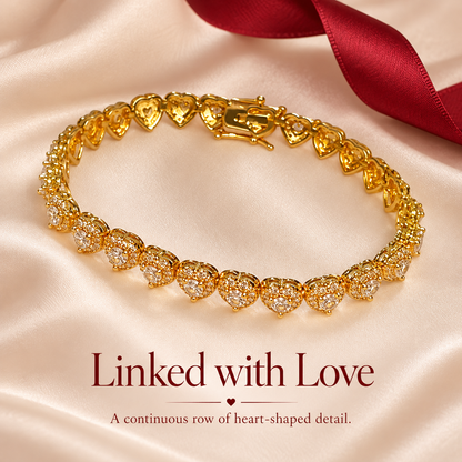 ✨ Gold Heart Tennis Bracelet, Pave Cubic Zirconia Linked Heart Bracelet, Dainty Love Heart Statement Bracelet for Women, Valentine Wedding Jewelry Gift
