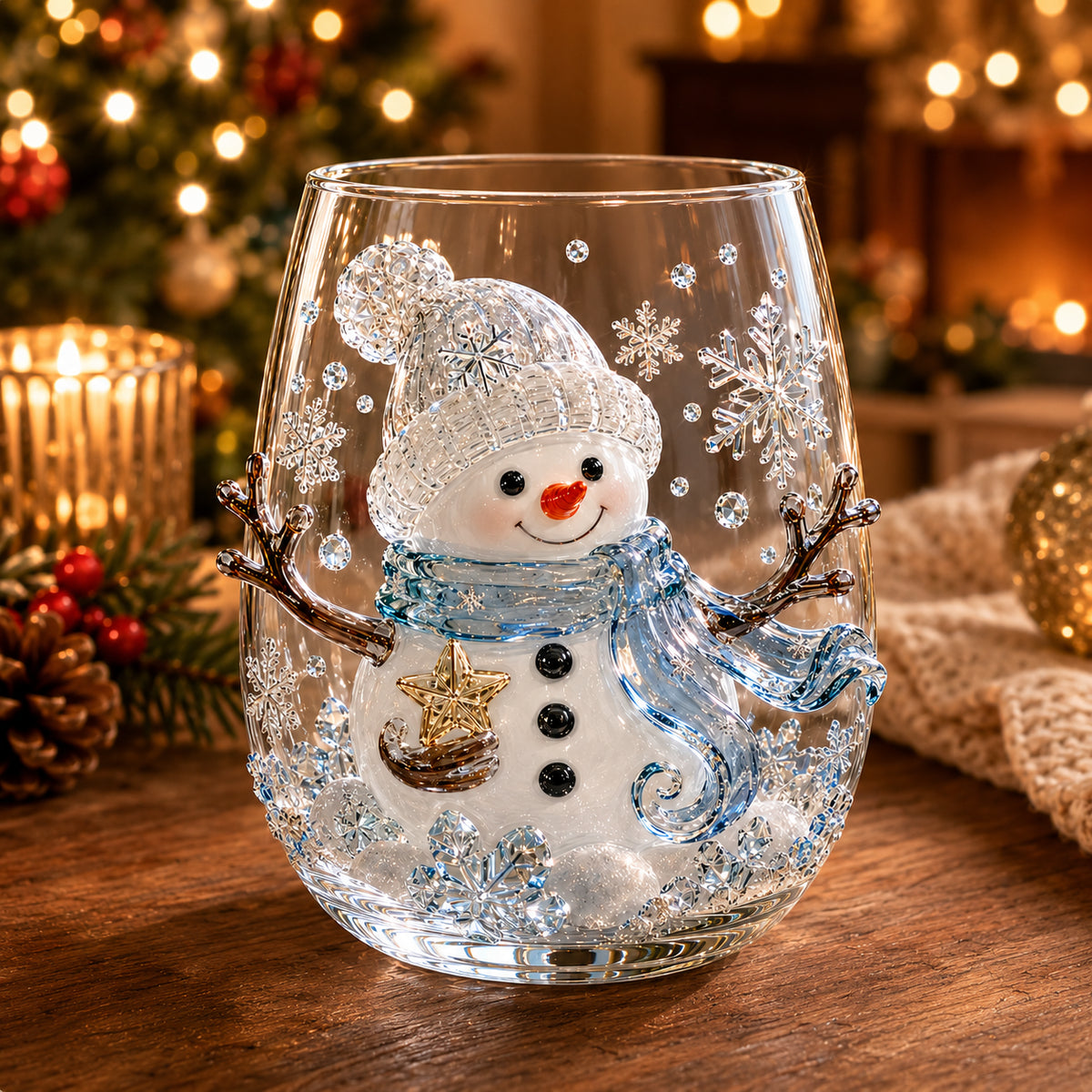 Snowman Christmas glass with blue scarf and winter decorations