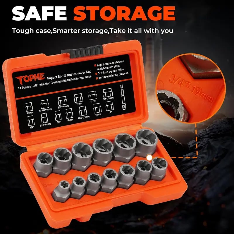TOPME Bolt Extractor Kit,13+1 Piece Impact-Grade CR-MO Steel Nut Remover Set, 3/8' Drive Socket for Removing Frozen/Rusted/Rounded Bolts & Lug Nuts (Sizes 8-19mm)