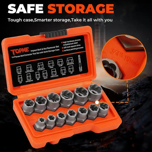 TOPME Bolt Extractor Kit,13+1 Piece Impact-Grade CR-MO Steel Nut Remover Set, 3/8' Drive Socket for Removing Frozen/Rusted/Rounded Bolts & Lug Nuts (Sizes 8-19mm)