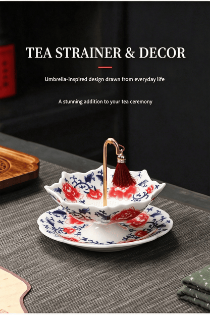 Umbrella Shape Ceramic Tea Strainer - Chinese Blue & White Porcelain Loose Leaf Filter with Rotating Design, Multi-Purpose Tea Infuser for Kung Fu/Coffee