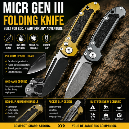 🏕️MICR Gen III Folding Knife 🔪 D2 Steel Camp Tool