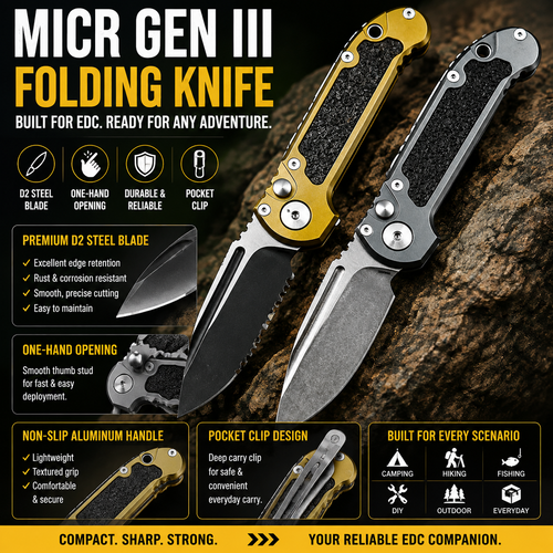🏕️MICR Gen III Folding Knife 🔪 D2 Steel Camp Tool