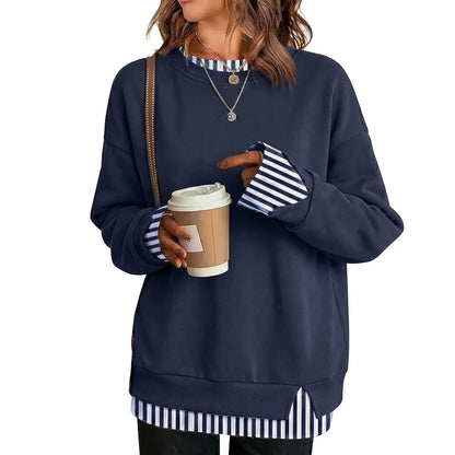 Women Crew Neck Fake Two Piece Striped Patchwork Drop Shoulder Oversized Sweatshirt