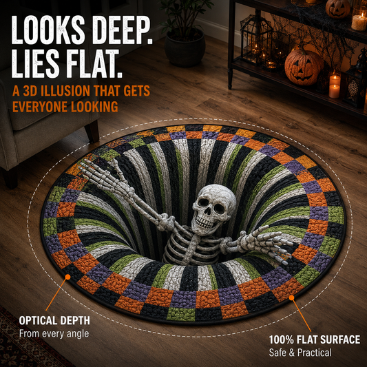 💀Halloween 3D Bottomless Illusion Rug Skeleton Pit Non-Slip Crystal Velvet Mat 🎃