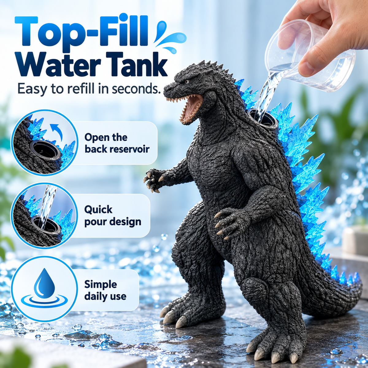 🌊💙 Kaiju Mist Diffuser Humidifier – Cool Mist, Blue LED Glow & Remote Control