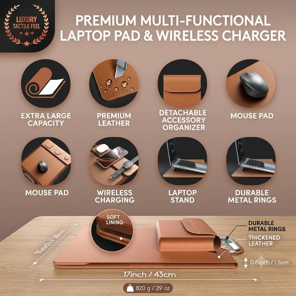 The All-In-One Mobile Workstation Sleeve | Built-In 15W Multi-Device Wireless Charger, Ergonomic Laptop Stand & Mousepad (Fits up to 16")