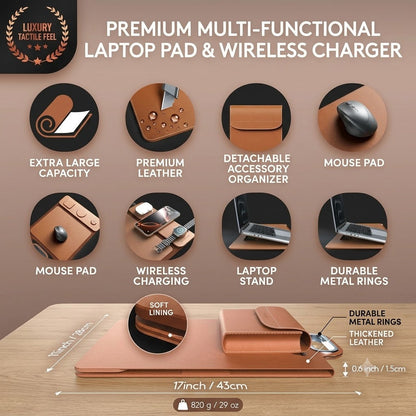 The All-In-One Mobile Workstation Sleeve | Built-In 15W Multi-Device Wireless Charger, Ergonomic Laptop Stand & Mousepad (Fits up to 16")