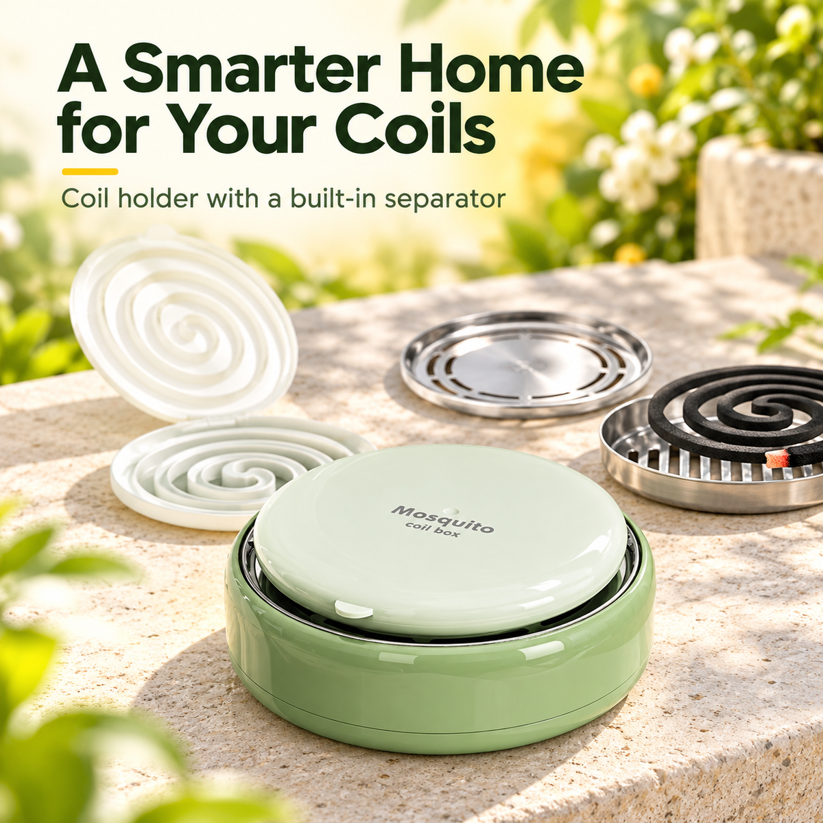 Green mosquito coil holder with lid and coil separator
