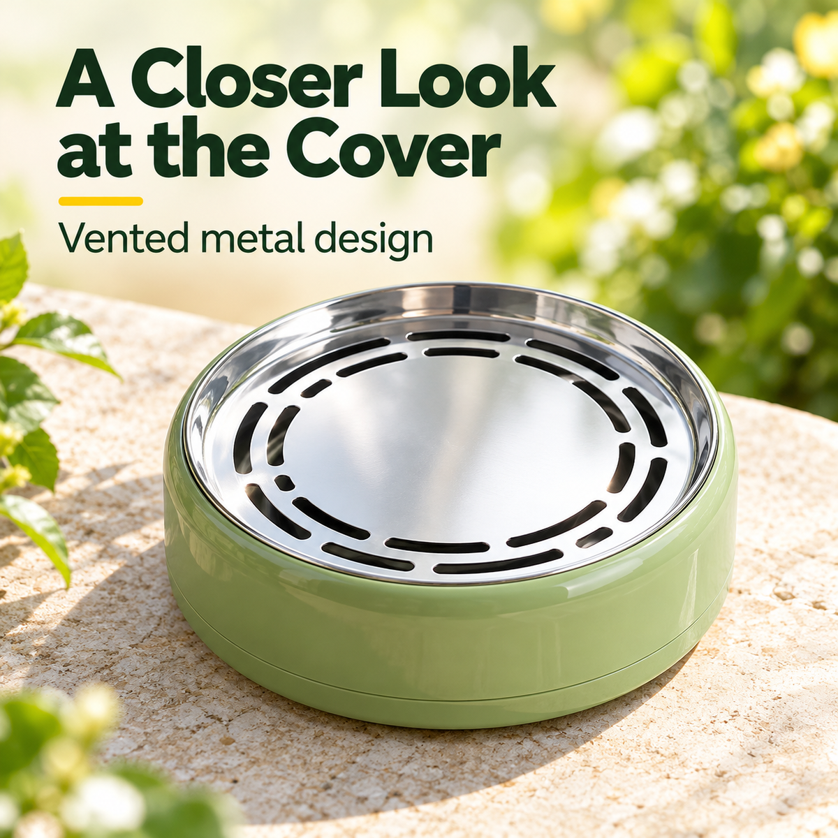 Close-up of the vented metal lid and green mosquito coil holder