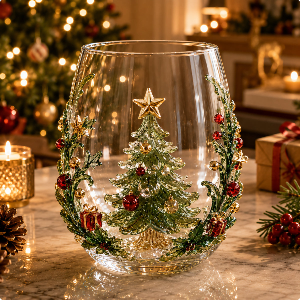 Christmas tree glass cup featuring green and gold dimensional festive decorations