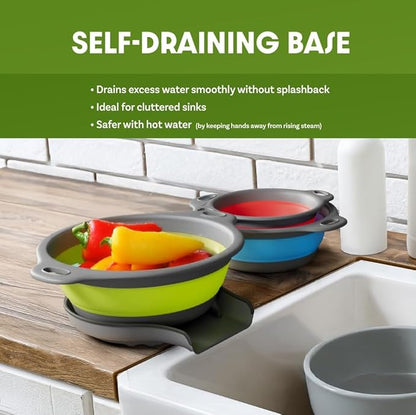 Collapsible Colanders 3-Pack Sturdy Kitchen Strainer Set, Compact with Over-Sink Self-Drainage Base