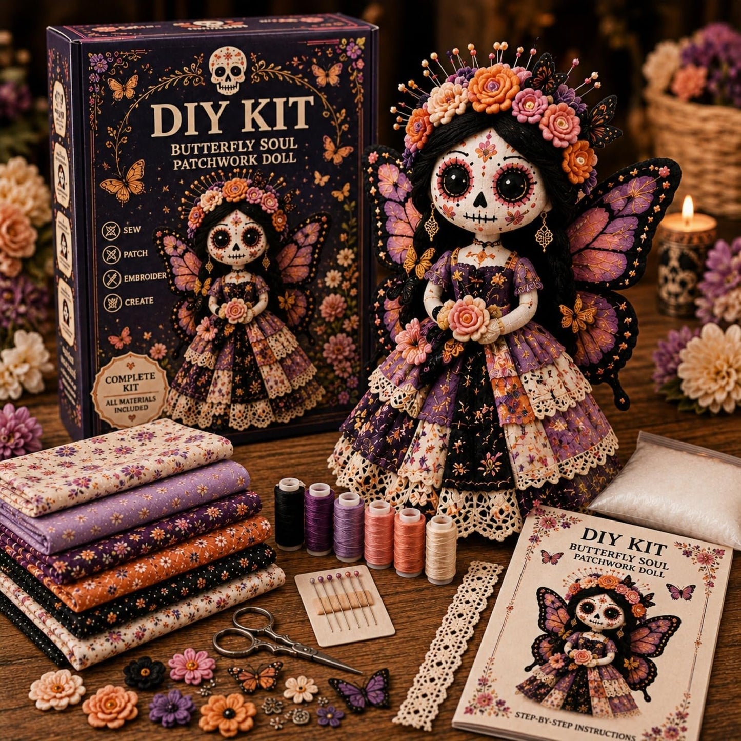 💀Vinowg Day of the Dead Patchwork Doll DIY Kit - Patchwork Skeleton Witch Girl DIY Kit