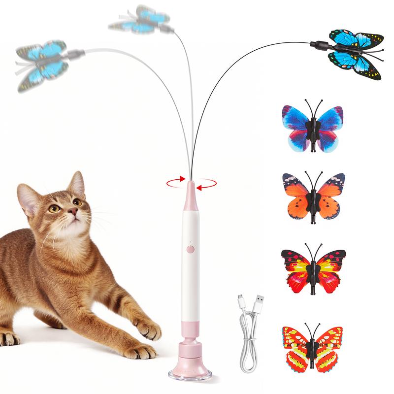 Rechargeable spinning butterfly cat toy with pink suction base, interchangeable butterflies and USB cable