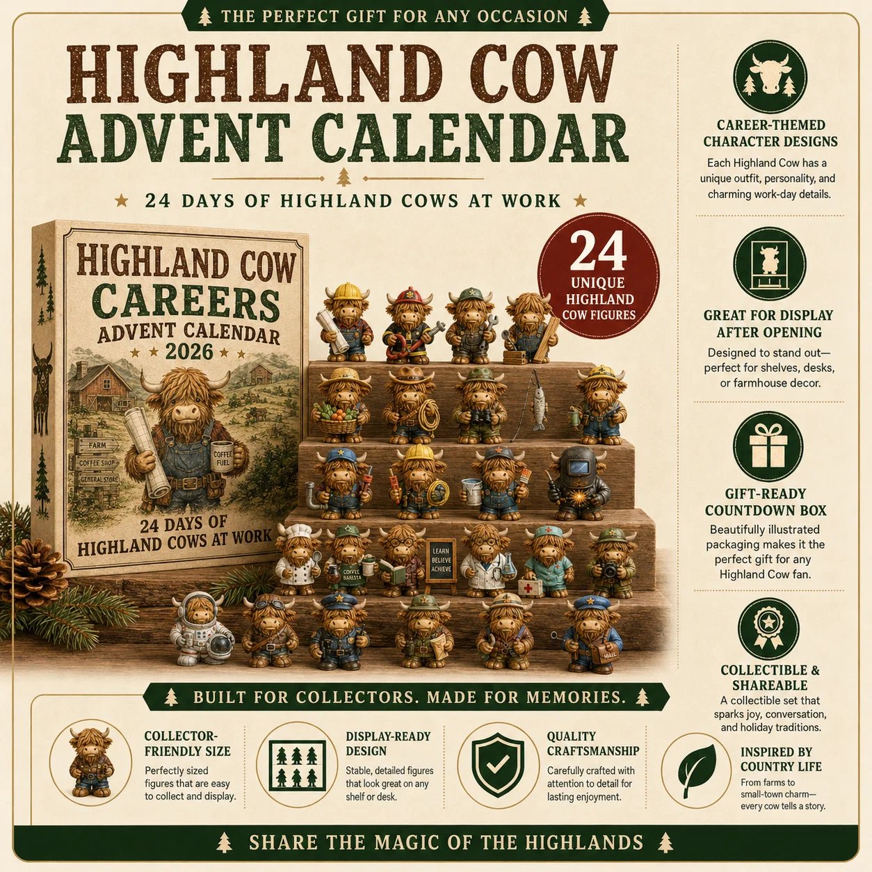 🐮 LAST DAY 49% OFF – 24 Days of Highland Cow Careers Advent Calendar | 24 Unique Collectible Highland Cows with Adorable Jobs, Tiny Accessories & Daily Christmas Surprises 🎄✨