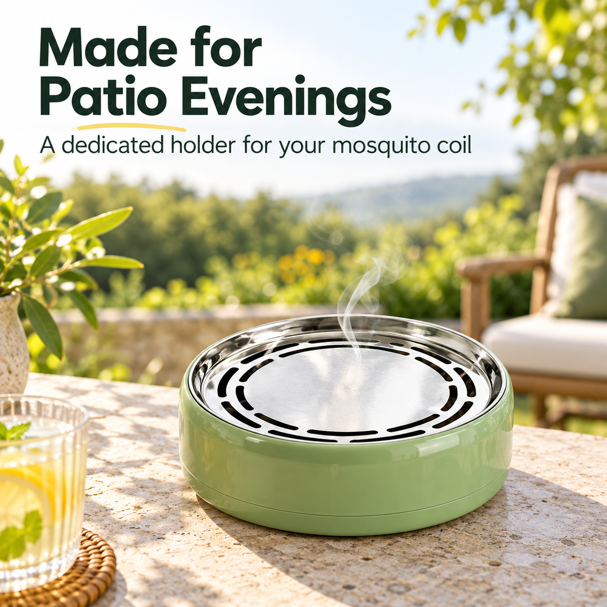 Mosquito coil holder arranged on an outdoor patio table