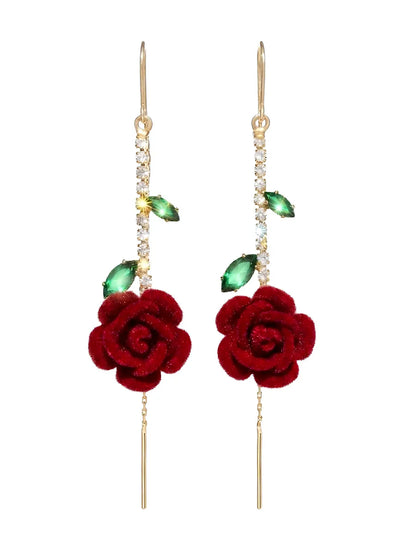 🌹 Vintage Flocked Red Rose Threader Drop Earrings