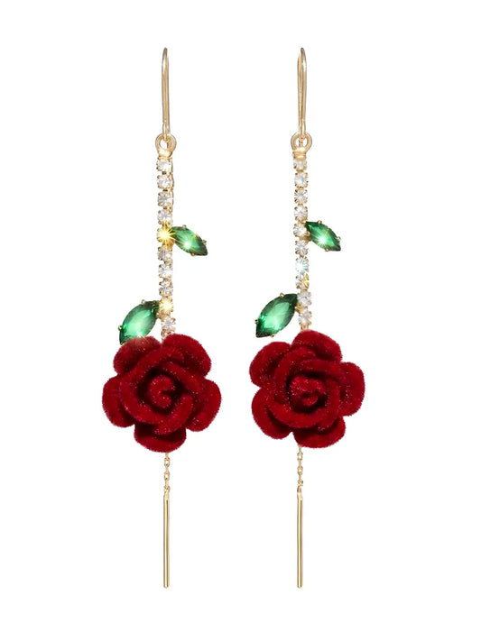🌹 Vintage Flocked Red Rose Threader Drop Earrings