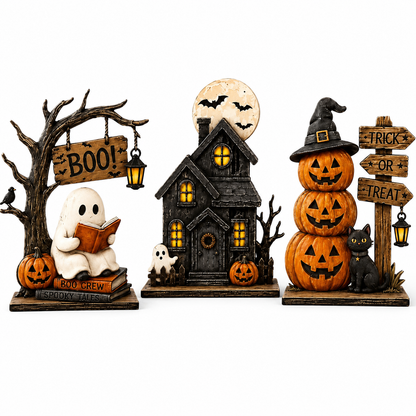 3-Piece Halloween Decor Set – Ghost, Haunted House & Pumpkins