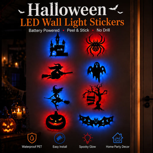 🔥Last Day 50% OFF - 🎃8 Pack Halloween LED Silhouette Wall Light Stickers, Battery Powered Peel & Stick Decor Lights