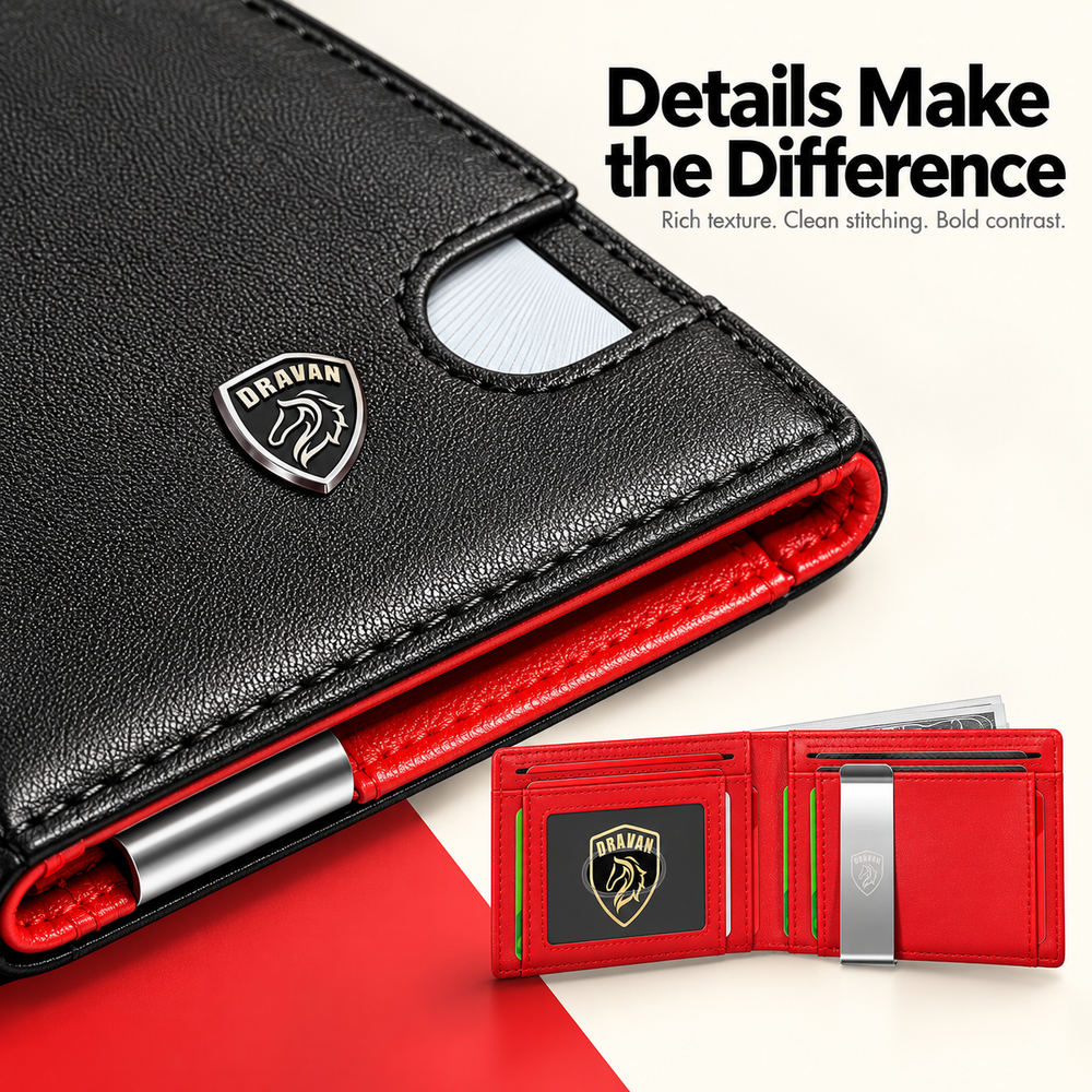 Close-up of the wallet exterior, stitching, emblem and contrasting red lining