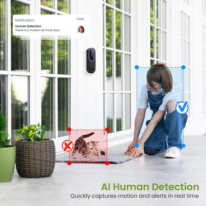 Wireless Video Doorbell Camera, Smart Security Doorbell Camera, 1080P, AI Human Detection
