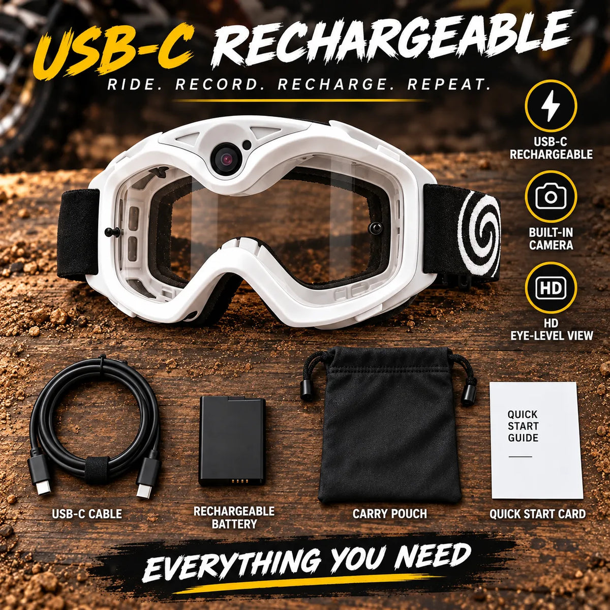 🏍️ POV Camera Motocross Goggles – White Off-Road Riding Goggles with Built-In Camera, Anti-Fog Lens & USB-C Charging