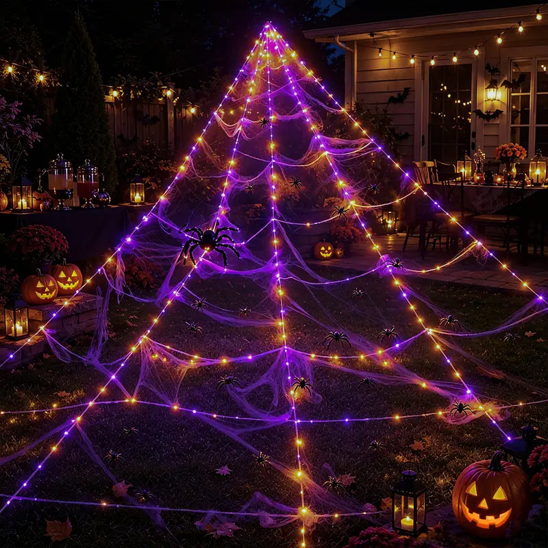 🎃 Giant LED Halloween Spider Web with Glowing Red-Eye Spider | Outdoor Decor 🕷️