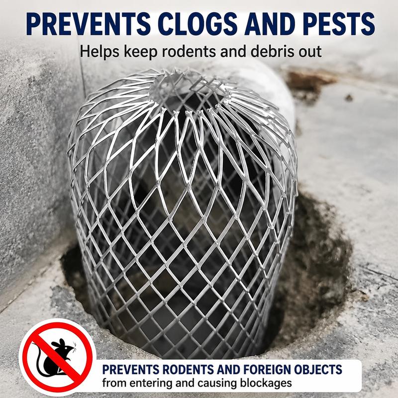 Metal mesh gutter strainer protecting drain opening from debris