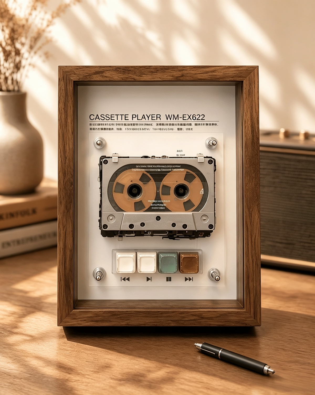 Vintage Cassette Player Frame with Functional Tape Playback & Retro Wall Art Design