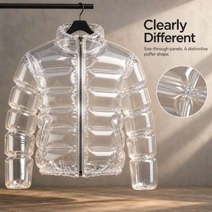 Front view of transparent puffer-style beer costume jacket