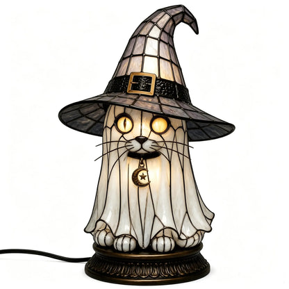 🔥Exclusive Limited Item 👍🔥50%OFF🐈 Gothic Stained Glass Witch Black Cat Table Lamp | Halloween Witch Hat Night Light Decor