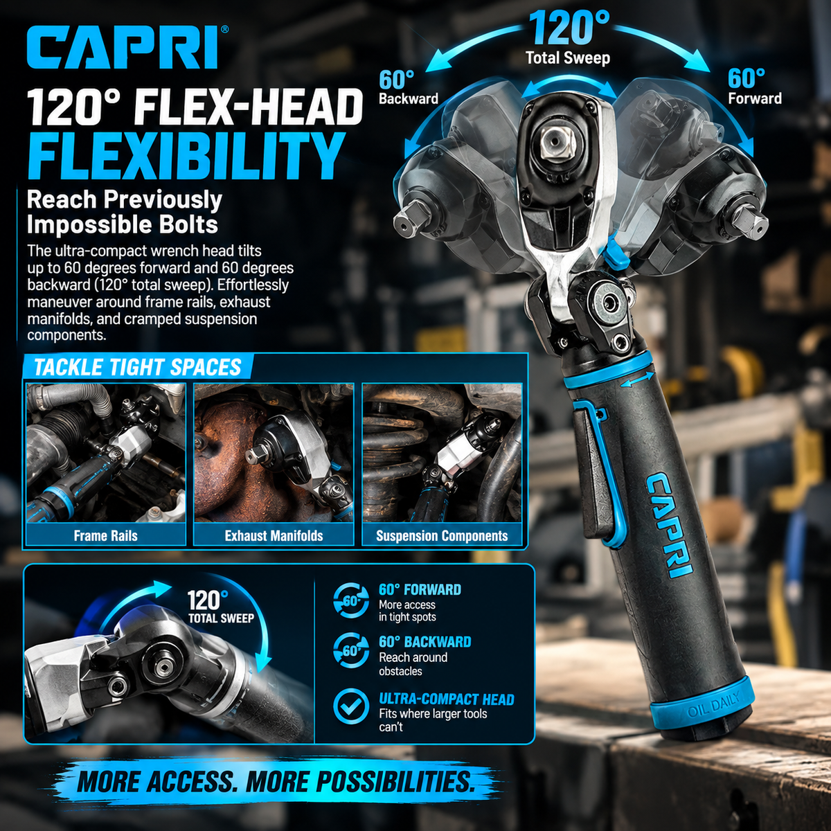 🔧Capri Tools 1/2 in. Flex-Head Air Angle Impact Wrench, 400 ft. lbs.